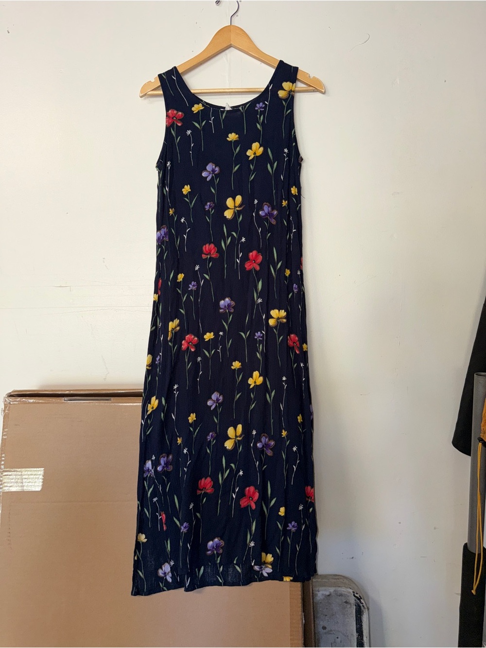Sleeveless Navy Floral Maxi Dress with Red, Yellow & Purple Blooms